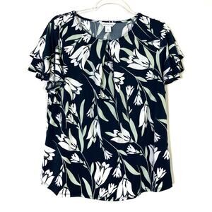 Liz Claiborne | Navy Flower Top Ruffle Sleeve Polyester Spandex NWT Womens